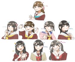  6+girls :d absurdres animification aqua_neckerchief black_hair blunt_bangs blunt_ends bob_cut brown_cardigan brown_dress brown_hair cardigan character_name claw_pose closed_mouth collarbone commentary_request dress flower flower_knot grin gyaru_v hair_flower hair_ornament hair_ribbon hasu_no_sanrenka hasu_no_shoushihenkei hasu_no_sora_school_uniform hayama_fuka head_tilt heart highres hood hood_down hooded_jacket jacket jellyfish_cut kan_kanna kurusu_rin link!_like!_love_live! long_sleeves love_live! miyake_miu multiple_girls neckerchief nirei_nozomi nonaka_kokona open_cardigan open_clothes open_jacket open_mouth own_hands_together parted_lips pink_flower pink_jacket pink_ribbon puripuri_hurai rabbit_hair_ornament real_life red_neckerchief ribbon sailor_collar sailor_dress sakurai_hina school_uniform shindou_amane short_hair simple_background smile steepled_fingers turtleneck twintails two_side_up v voice_actor white_background white_sailor_collar winter_uniform yellow_neckerchief 
