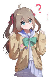  1girl ? absurdres ahoge blue_eyes blue_sailor_collar blue_skirt bow bowtie brown_hair cardigan carternanmen green_bow green_bowtie hair_ornament hair_ribbon hashtag-only_commentary heart heart_hair_ornament highres long_hair neuro-sama pleated_skirt red_ribbon ribbon sailor_collar simple_background skirt solo two_side_up vedal_ai white_background yellow_cardigan 