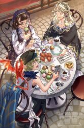  3girls beret beryl_bouanich black_cloak black_pants blonde_hair blue_coat blue_neckerchief bread brick_floor brown_hair brume_(reverse:1999) candy_jar celia_(reverse:1999) chair cloak closed_eyes coat coffee coffee_mug coffee_pot cup dragonfly_hair_ornament eating food fork from_above glasses green_hat hat highres holding holding_coffee_pot holding_cup holding_food i_(220_i_284) long_hair looking_at_viewer macaron mug multiple_girls neckerchief newsboy_cap on_chair pants plate pouring purple_hat reverse:1999 round_eyewear round_table shirt short_hair sitting spoon table tank_top unworn_coat white_shirt white_tank_top yellow_eyes 