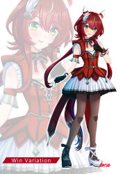  1girl absurdres animal_ears asymmetrical_footwear black_gloves blush breasts character_name commentary_request dress ear_covers ear_ornament feather_hair_ornament feathers gloves green_eyes hair_between_eyes hair_ornament highres horse_ears horse_girl horse_tail konsu_(konsu1182da) long_hair looking_at_viewer low_twintails mismatched_footwear pantyhose red_dress red_hair simple_background small_breasts smile tail twintails umamusume white_background win_variation_(dramatic_tutu)_(umamusume) win_variation_(umamusume) zoom_layer 