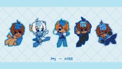  >_< >_o 1boy ;d ahoge arm_up black_jacket blue_eyes blue_jacket blue_outline blue_pants blue_skin blue_sweater blue_vest brown_eyes brown_hair character_name chibi closed_mouth colored_skin commentary dark-skinned_male dark_skin eyebrow_cut eyepatch eyes_visible_through_hair freckles frown full_body gun hand_on_own_chest handgun headband headset heterochromia highres holding holding_gun holding_nunchaku holding_weapon jacket jay_(ninjago) jay_(usachxxn) korean_commentary long_sleeves looking_at_viewer male_focus microphone ninjago ninjago:_dragons_rising nunchaku one_eye_closed open_mouth orange_scarf outline pants scar scar_on_cheek scar_on_face scarf short_hair smile sweater the_lego_ninjago_movie vest weapon white_hair yellow_headband 