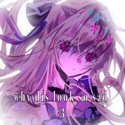  1girl blonde_hair english_text highres hoshino_ruby idol long_hair oshi_no_ko selena0629zd solo star-shaped_pupils star_(symbol) symbol-shaped_pupils upper_body violet_eyes white_background 