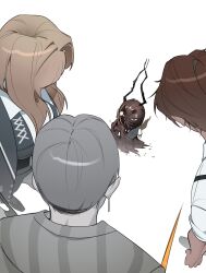  1girl 3boys absurdres antennae arthropod_limbs belt black_coat black_vest brown_hair bug coat cockroach commentary_request compound_eyes dark-skinned_male dark_skin earrings gladius gregor_(project_moon) grey_hair grey_jacket heathcliff_(project_moon) highres holster insect_wings jacket jewelry korean_commentary limbus_company long_hair mini_person multiple_boys necktie noto12_34 project_moon red_necktie rodion_(project_moon) shirt short_hair shoulder_holster simple_background single_earring sword the_roach_emperor vergilius_(project_moon) vest weapon white_background white_shirt wings 