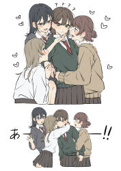  4girls ? ?? absurdres arm_hug arms_around_neck black_hair blue_eyes blush brown_hair brown_skirt collared_shirt commentary_request commission fang green_eyes green_sweater grey_sweater hair_bun heart highres hug long_hair moonbell multiple_girls necktie open_mouth original pleated_skirt red_necktie school_uniform shirt short_hair simple_background skeb_commission skin_fang skirt sweater white_background white_shirt yuri 