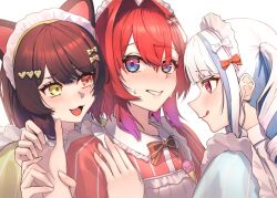  3girls :3 :d :q ange_katrina animal_ears blue_eyes blue_hair blush bow bowtie brown_bow brown_bowtie brown_hair closed_mouth commentary_request dog_ears doidamon green_bow grin hair_between_eyes hair_bow hair_intakes hair_ornament hand_on_another's_shoulder hand_up heart heart_hair_ornament heterochromia highres holding_another's_wrist inui_toko lips lize_helesta long_hair looking_at_another maid maid_headdress medium_hair multicolored_eyes multicolored_hair multiple_girls multiple_hair_bows name_tag nijisanji official_alternate_costume pinstripe_pattern red_bow red_eyes sanbaka_(nijisanji) sidelocks simple_background smile streaked_hair sweatdrop tongue tongue_out two-tone_eyes two-tone_hair violet_eyes virtual_youtuber white_background white_bow white_hair white_headdress yellow_eyes 