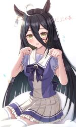  1girl ahoge animal_ears black_hair blush bow bowtie breasts collarbone commentary_request ear_tag earrings hair_between_eyes horse_ears horse_girl jewelry long_bangs long_hair long_hair_between_eyes looking_at_viewer manhattan_cafe_(umamusume) medium_breasts multicolored_hair parted_lips pleated_skirt puffy_short_sleeves puffy_sleeves purple_bow purple_bowtie purple_shirt sailor_collar sailor_shirt school_uniform shirt short_sleeves single_earring skirt solo thigh-highs thurumu tracen_school_uniform umamusume very_long_hair white_hair white_sailor_collar white_skirt white_thighhighs yellow_eyes 