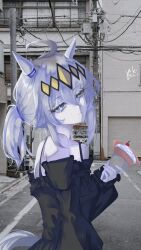  1girl ahoge animal_ears artist_name bare_shoulders black_shirt black_skirt blue_ribbon blue_scrunchie cherry closed_mouth ear_ornament ear_ribbon expressionless food frilled_shirt frilled_sleeves frills fruit grey_hair hair_between_eyes hair_ornament hair_scrunchie hairband head_tilt highres holding holding_food horse_ears horse_girl horse_tail ice_cream_crepe long_sleeves off-shoulder_shirt off_shoulder oguri_cap_(umamusume) photo_background piki479 ponytail ribbon scrunchie shirt sidelocks signature skirt solo tail umamusume utility_pole yellow_hairband 