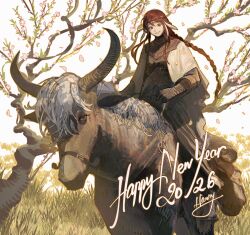  1girl 2026 artist_name braid braided_ponytail cherry_blossoms commentary elden_ring english_commentary english_text grass grin hanneli_(hanny) hanny_(uirusu_chan) happy_new_year highres horns horse horseback_riding long_hair looking_at_viewer outdoors red_eyes red_hair riding smile solo tarnished_(elden_ring) torrent_(elden_ring) tree 