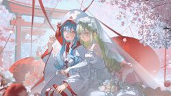  2girls absurdres bang_dream! bang_dream!_it's_mygo!!!!! blue_hair bridal_gauntlets bridal_veil cherry_blossoms chinese_commentary commentary_request detached_sleeves dress falling_petals green_hair hair_ornament hairclip highres hug hug_from_behind japanese_clothes kimono long_hair maoerduo_meow multiple_girls oil-paper_umbrella open_mouth petals red_umbrella second-party_source shiromuku sidelocks togawa_sakiko torii uchikake umbrella veil wakaba_mutsumi wedding_dress white_dress white_kimono wife_and_wife yellow_eyes yuri 