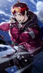  1boy absurdres ahoge belt cold facial_hair gloves goatee goggles goggles_on_head highres hood hood_down hooded_jacket idolmaster idolmaster_side-m jacket looking_at_viewer male_focus open_mouth red_eyes redhead ryeon_(gs_oik) ski_pole snowing tendo_teru 