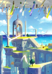  animal arch bell bird clouds cloudy_sky commentary_request flock highres horizon katou_oswaldo original pillar sky stairs stone_stairs tree very_wide_shot white_bird wind_chime 