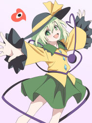  1girl baasaku_(balasaku24) black_hat black_trim bow buttons collar commentary crossed_bangs diamond_button double-parted_bangs feet_out_of_frame fingernails frilled_shirt frills green_collar green_eyes green_hair green_skirt hair_between_eyes hat hat_bow hat_ribbon heart heart-shaped_speech_bubble highres komeiji_koishi light_blush long_sleeves looking_at_viewer looking_up medium_hair open_mouth outstretched_arms pink_background pleated_skirt ribbon shirt simple_background skirt sleeves_past_wrists smile solo spoken_heart third_eye touhou wide_sleeves yellow_bow yellow_ribbon yellow_shirt 