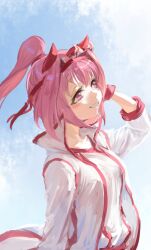  1girl animal_ears blush bow breasts commentary_request ear_bow ear_covers flower-shaped_pupils flower_in_eye haru_urara_(bestest_prize)_(umamusume) haru_urara_(umamusume) headband highres horse_ears horse_girl horse_tail inishie_kumo jacket long_hair open_mouth pink_eyes pink_hair pink_headband ponytail red_headband shirt small_breasts smile solo symbol-shaped_pupils symbol_in_eye tail umamusume upper_body white_jacket white_shirt 