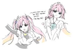  1girl :d anyoji_hime black_bodysuit blonde_hair blue_eyes bodysuit breasts c_(p0t3c1) closed_mouth commentary_request dream_believers fanfare!!!_(love_live!) gradient_hair korean_commentary korean_text link!_like!_love_live! love_live! medium_breasts multicolored_hair multiple_views open_mouth pink_hair smile split_mouth translation_request twintails v_arms virtual_youtuber 