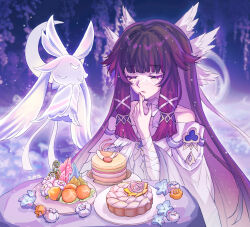  1girl 1other bare_shoulders black_hair bow chinese_commentary closed_eyes columbina_(genshin_impact) commentary_request dress eye_mask feathered_wings food genshin_impact head_wings highres liuyun_(liuyun73492) long_hair luonnotar_(genshin_impact) mask multicolored_hair off-shoulder_dress off_shoulder pink_hair sidelocks upper_body white_bow white_dress white_wings wings 