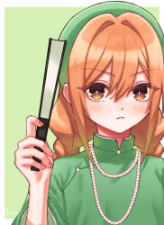  1girl :< absurdres beret blush braid brown_eyes china_dress chinese_clothes chinese_new_year commentary dress english_commentary folded_fan folding_fan frown green_background green_dress green_hat hair_between_eyes hair_intakes hand_fan hat highres holding holding_fan inda_karane jewelry jjum_pp kimi_no_koto_ga_dai_dai_dai_dai_daisuki_na_100-nin_no_kanojo long_hair looking_at_viewer necklace orange_hair pearl_necklace simple_background solo twin_braids upper_body 