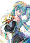  artist_name blue_hair bouquet crown detached_sleeves flower hatsune_miku highres lips long_hair necktie parted_lips ponn_mame skirt twintails twitter_username very_long_hair vocaloid 