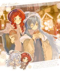  2girls 37_(maidjump_goods_cafe)_(reverse:1999) 37_(reverse:1999) ;t absurdres alternate_costume bagel beanie blue_eyes blue_hair blurry blurry_background brown_coat chibi chibi_inset coat dated english_text food freckles green_eyes hand_up hat highres holding holding_food klepon long_hair looking_at_viewer multiple_girls official_alternate_costume one_eye_closed pom_pom_(clothes) pom_pom_beanie red_hair reverse:1999 scarf snowflakes sophia_(reverse:1999) upper_body very_long_hair white_scarf yellow_cloak yellow_hat 