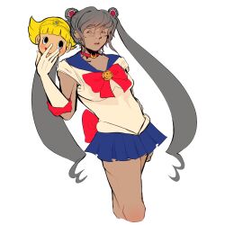  bishoujo_senshi_sailor_moon blondesillyboylover cosplay danganronpa_(series) danganronpa_2:_goodbye_despair glasses grey_hair highres holding holding_mask mask pekoyama_peko red_eyes sailor_moon sailor_moon_(cosplay) sailor_senshi_uniform twintails white_background 