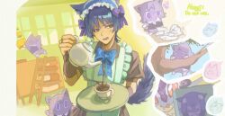  1boy animal_ears animalization apron armor artist_name book book_stack bow bowtie branch broken_plate brown_dress brown_sleeves cat cat_boy cat_ears cat_tail coffee collared_dress commentary_request crossdressing crossdressing_(mtf) cup dragon dress durin_(genshin_impact) enmaided frilled_apron frills genshin_impact glass_shards gold_ring hand_up indoors japanese_armor juliet_sleeves kettle kote kurokote ladder long_sleeves maid male_focus male_maid middle_ring mini_durin_(genshin_impact) nonoji_(nonoji_ekaki) person_and_animalization plate pouring puffy_sleeves purple_cat red_bow red_bowtie scaramouche_(cat)_(genshin_impact) scaramouche_(genshin_impact) short_sleeves small_dragon solo spoken_animal table tail tree white_apron window wing_collar 