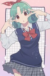  1girl :o absurdres blue_sweater_vest bow bowtie breasts brown_eyes collared_shirt commentary_request cowboy_shot double_v gradient_background green_hair grey_skirt grid_background hair_bow hands_up highres idolmaster idolmaster_million_live! long_sleeves looking_at_viewer miso_0328 polka_dot polka_dot_bow red_bow red_bowtie shirt skirt solo standing sweater_vest tokugawa_matsuri v v_over_eye white_shirt 