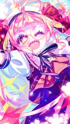  1girl :d ahoge animal_hat arms_up beads black_ribbon bow cat_hat commentary_request earrings eyelashes hair_beads hair_bow hair_ornament hat heart heart_earrings highres indie_virtual_youtuber jewelry kuronohanpen long_hair neck_ribbon one_eye_closed open_mouth pink_hair pink_theme puffy_short_sleeves puffy_sleeves red_bow red_skirt red_vest ribbon sasasaki_kiki sharp_teeth shirt short_eyebrows short_sleeves skirt smile solo teeth twintails upper_body upper_teeth_only vest virtual_youtuber white_hat white_shirt 