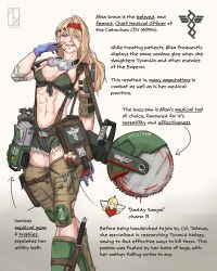  1girl abs absurdres alisa_krova armor artist_logo artist_name astra_militarum bag belt bikini blonde_hair blood blood_drip blood_on_face blood_on_weapon breasts camouflage camouflage_bikini catachan_jungle_fighter chainsaw combat_knife commentary defibrillator english_commentary english_text fangs goggles goggles_around_neck grey_eyes headband highres imperial_aquila knife logo long_hair medical_gloves medium_breasts muscular muscular_female original oxygen_tank red_headband sanguinius smile strap swimsuit utility_belt warhammer_40k weapon zephart 