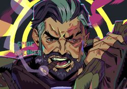  1boy artist_name beard breaking_spine deadlock_(game) english_commentary facial_hair holding holding_weapon looking_at_viewer male_focus multicolored_hair open_mouth scar scar_on_face smile smoking stake venator_(deadlock) weapon 