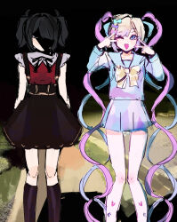  2girls absurdres ame-chan_(needy_girl_overdose) black_hair black_sky chouzetsusaikawa_tenshi-chan highres iluvnowll3 meme multicolored_hair multiple_girls needy_girl_overdose outdoors sailor_senshi_uniform sky twintails why_dis_ninja_look_so_mad_(meme) 