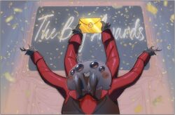  1boy ahoge antenna_hair arthropod_boy arthropod_limbs black_bow black_bowtie black_vest blush blush_stickers bow bowtie bug claws collared_shirt colored_skin confetti dress_shirt english_text extra_arms extra_eyes facing_viewer grey_skin holding holding_letter hollow_eyes hollow_knight hollow_knight:_silksong letter long_sleeves looking_ahead mandibles mewyfox open_mouth original outstretched_arms personification portrait_(object) projector projector_screen red_shirt shirt smile solo spider vest 