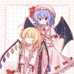  2girls alternate_costume bat_wings black_wings blonde_hair breasts brushing_another's_hair brushing_hair center_frills chair chinese_commentary closed_eyes closed_mouth collared_shirt commentary_request fby1313133 flandre_scarlet frilled_shirt frilled_shirt_collar frilled_skirt frills hair_between_eyes hair_brush happy hat holding holding_hair_brush medium_hair mob_cap multicolored_wings multiple_girls on_chair open_mouth pink_background pink_hat pink_shirt pink_skirt puffy_short_sleeves puffy_sleeves purple_hair red_eyes remilia_scarlet shirt short_sleeves siblings sisters skirt small_breasts touhou watermark wings wooden_chair wrist_cuffs 