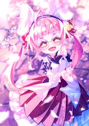  1girl :d absurdres animal_ears black_shirt blurry blurry_foreground bow bowtie cherry_blossoms commentary_request cupping_hands detached_sleeves eyelashes fake_animal_ears falling_petals frilled_sleeves frills glasses hair_bow hands_up highres indie_virtual_youtuber kuronohanpen long_skirt long_sleeves looking_at_viewer open_mouth outdoors own_hands_together petals petticoat pink_hair pink_petals pink_theme pleated_skirt puffy_short_sleeves puffy_sleeves rabbit_ears red_bow red_bowtie red_skirt round_eyewear sasasaki_kiki sharp_teeth shirt short_eyebrows short_sleeves skirt smile solo star-shaped_pupils star_(symbol) symbol-shaped_pupils teeth virtual_youtuber white_headdress white_sleeves wide_sleeves yellow_eyes 