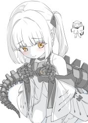  1girl absurdres arms_up black_mask blue_archive chibi coat colored_skin commentary_request ein_(blue_archive) from_above furrowed_brow highres looking_at_viewer mask mechanical_hands mechanical_tail segmented_tail solo symbol-shaped_pupils tail ushaku white_coat white_hair white_skin x-shaped_pupils yellow_eyes 