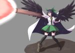  1girl absurdres arm_cannon asymmetrical_footwear bangs bird_wings black_hair black_legwear black_wings bow breasts brown_footwear cape collared_shirt commentary_request control_rod fire frilled_shirt_collar frilled_skirt frills full_body green_bow green_skirt grey_background hair_bow highres long_hair looking_afar medium_breasts mismatched_footwear o1118 open_mouth puffy_short_sleeves puffy_sleeves red_eyes reiuji_utsuho shirt shoes short_sleeves single_shoe skirt solo starry_sky_print thigh-highs third_eye touhou weapon white_cape white_shirt wings 