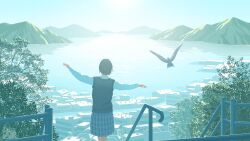  1girl bird black_hair black_sweater_vest bloom blue_skirt building cityscape commentary english_commentary facing_away highres lake long_sleeves morning mountain original outdoors outstretched_arms pleated_skirt railing scenery short_hair skirt solo spread_arms sunrise sweater_vest taizo_(taizo_03) town water 
