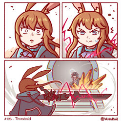  2girls amiya_(arknights) amiya_(guard)_(arknights) animal_ears arknights arknights:_endfield ascot black_coat black_mask blindfold_mask blue_collar blue_eyes brown_hair coat collar crystal endfield_uniform endministrator_(arknights) female_endministrator_(arknights) frilled_ascot frills grey_sweater highres holding holding_sword holding_weapon hood hooded_jacket jacket mask multiple_girls open_clothes open_coat portal_(object) purple_ascot rabbit_ears rabbit_girl red_pupils single_vambrace stargate_(series) sweater sword vambraces weapon white_sweater wittle_red 