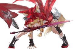  1girl animal_ear_fluff animal_ears arknights arknights:_endfield black_gloves black_shoes blonde_hair commentary_request dress ears_through_headwear fingerless_gloves gloves highres hood hood_up looking_at_viewer mouth_hold orange_eyes red_hood rossi_(arknights) shoes simple_background solo sword tail v_komet weapon white_background white_dress wolf_ears wolf_girl wolf_tail 