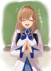  1girl :d ^_^ blue_neckerchief blurry blurry_background blush brown_hair buttons chalkboard closed_eyes collared_shrug commentary_request cosplay cowboy_shot doidamon double-breasted facing_viewer frilled_sleeves frills hair_intakes hair_ornament hairpin high-waist_skirt highres lize_helesta lize_helesta_(1st_costume) lize_helesta_(cosplay) long_hair long_sleeves neckerchief nijisanji notice_lines own_hands_together ribbed_shirt shirt shrug_(clothing) skirt smile solo steepled_fingers straight-on suzuhara_lulu teeth translation_request upper_teeth_only very_long_hair virtual_youtuber white_shirt white_shrug white_skirt x_hair_ornament 