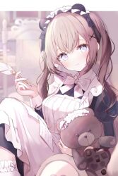  1girl :3 apron bed black_dress blue_eyes blunt_bangs blurry blurry_background blush bow bowtie commentary_request dress grey_eyes hand_up heart heart-shaped_pupils highres holding holding_quill holding_stuffed_toy indoors irono1910 juliet_sleeves knee_up long_hair long_sleeves looking_at_viewer maid maid_apron maid_headdress multicolored_eyes original outside_border puffy_sleeves quill sitting smile solo stuffed_animal stuffed_toy symbol-shaped_pupils teddy_bear twintails white_apron white_bow white_bowtie 