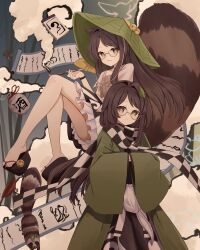  16sanrach 1girl :3 absurdres animal_ears black_skirt bottle brown_eyes brown_hair brown_shirt checkered_clothes checkered_scarf chinese_commentary closed_mouth commentary_request futatsuiwa_mamizou futatsuiwa_mamizou_(human) glasses green_hat hands_in_opposite_sleeves hat hat_bell highres holding holding_smoking_pipe kiseru leaf leaf_on_head long_hair long_sleeves looking_at_viewer multiple_views partial_commentary platform_sandals raccoon_ears raccoon_girl raccoon_tail sake_bottle sandals scarf scroll shirt skirt smile smoke smoking_pipe tail tanuki toes touhou wide_sleeves 