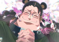  1boy 2girls aged_down animal_ears bartholomew_kuma bear_ears black_hair boots brown_boots brown_corset brown_gloves child cloak closed_eyes closed_mouth commentary corset crying curly_hair english_commentary fake_animal_ears family father_and_daughter ginny_(one_piece) glasses gloves green_cloak hand_on_another's_head happy happy_tears highres husband_and_wife interlocked_fingers jewelry_bonney long_hair mother_and_daughter multiple_girls mygiorni one_piece own_hands_clasped own_hands_together pants pink_hair pink_pants rectangular_eyewear size_difference smile striped_clothes striped_pants tears twitter_username 