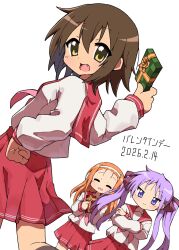  3girls :d ^_^ bow box brown_hair closed_eyes commentary_request crossed_arms dated fang gift gift_box hair_bow hairband highres hiiragi_kagami holding holding_gift kasuokasuto kusakabe_misao lucky_star minegishi_ayano multiple_girls orange_hair purple_bow purple_hair red_sailor_collar red_skirt sailor_collar skirt smile tareme turning_head twintails valentine violet_eyes white_background white_hairband yellow_eyes 