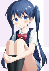  1girl absurdres black_socks blue_eyes blue_hair blue_skirt blue_vest blush bow bowtie collared_shirt commentary highres hugging_own_legs kin-iro_mosaic knees_up komeko416 komichi_aya long_hair looking_at_viewer miniskirt moegi_high_school_uniform pink_bow pink_bowtie school_uniform shirt short_sleeves sitting skirt smile socks solo striped_bow striped_bowtie striped_clothes summer_uniform thighs twintails vest white_shirt 