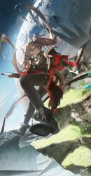  1girl absurdres angelina_(arknights) animal_ear_fluff animal_ears arknights arknights:_endfield black_boots black_dress black_gloves black_thighhighs boots bracelet breasts brown_hair coat commentary_request dress elbow_gloves expressionless film_grain floating_hair fold-over_boots fox_ears fox_girl fox_tail full_body gilberta_(arknights) gloves grass headpiece heavy_film_grain high_collar highres impossible_clothes impossible_dress in_orbit infection_monitor_(arknights) jewelry kyoro_ina long_hair long_sleeves looking_at_viewer medium_breasts off_shoulder one_eye_closed open_clothes open_coat orange_eyes originium_arts_(arknights) planet red_coat shoe_soles short_dress simple_background sitting sleeveless sleeveless_dress solo solo_focus staff_riding tail thigh-highs twintails v 