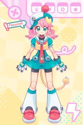  ! 1girl :3 android animal_collar animal_ears aqua_eyes aqua_hat artist_self-insert asui_inui_(vtuber) asuinui baseball_cap bike_shorts black_shorts blush_stickers bolt_(hardware) checkered_background closed_mouth collar commentary dog_ears dog_girl dress electric_plug electric_plug_tail english_commentary full_body gloves hashtag hat highres indie_virtual_youtuber joints leg_warmers legs_apart lightning_bolt_symbol looking_at_viewer medium_hair neckerchief patterned_background pause_button paw_print paw_print_background pink_hair play_button puffy_short_sleeves puffy_sleeves red_collar red_shoes robot robot_girl robot_joints sailor_collar see-through_clothes shoes short_dress short_sleeves short_twintails shorts smile solo speech_bubble standing straight-on studded_collar swept_bangs tail thick_eyebrows tilted_headwear twintails virtual_youtuber white_gloves white_leg_warmers window_(computing) yellow_background 