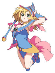  1girl :o absurdres adjusting_clothes adjusting_headwear arm_up arm_warmers armored_leotard baasaku_(balasaku24) belt blonde_hair blue_arm_warmers blue_boots blue_helmet blue_leotard blush boots brooch capelet collarbone commentary crossed_bangs dark_magician_girl duel_monster floating_clothes floating_hair gold_belt gold_choker green_eyes helmet highres holding holding_staff jewelry leotard medium_hair midair open_mouth pentagram pink_capelet pink_skirt pink_trim simple_background skirt solo staff white_background yu-gi-oh! 