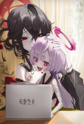  2girls absurdres bandaged_arm bandaged_hand bandages black_hair blue_archive blush commentary_request computer earrings gauze gauze_on_cheek gauze_on_face halo headpat highres jewelry kokuriko_(blue_archive) laptop long_hair multiple_girls open_mouth pointing purple_hair red_eyes red_halo shuro_(blue_archive) sideless_kimono sideless_outfit smile translation_request ubeuna violet_eyes 