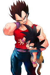  black_hair denim dougi dragon_ball dragon_ball_gt fingerless_gloves gloves highres jeans male_focus monkey_boy monkey_tail multiple_boys muscular muscular_male ommmyoh open_mouth pants pectorals red_tank_top saiyan son_goku spiky_hair tail tank_top vegeta yellow_pants 