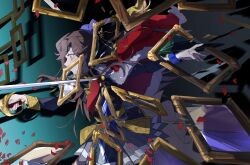  1girl aiguillette belt black_jacket blonde_hair bow broken_picture_frame brown_hair commentary_request covered_mouth cowboy_shot curtained_hair drop_shadow empty_picture_frame falling_petals floating_clothes fur-trimmed_jacket fur_trim glass gradient_background green_background grey_eyes grey_skirt hair_bow hair_ornament highres holding holding_sword holding_weapon jacket jacket_on_shoulders long_hair long_sleeves looking_ahead miniskirt multicolored_jacket outstretched_arms parted_bangs petals picture_frame pleated_skirt purple_bow red_jacket red_petals red_sash saijou_claudine sash scene_reference shoujo_kageki_revue_starlight shoulder_sash single_horizontal_stripe skirt standing striped_clothes striped_skirt sword tassel tendou_maya two-sided_fabric two-sided_jacket two-tone_jacket waist_cape weapon x_hair_ornament yellow_belt yellow_jacket yellow_trim zizzu 