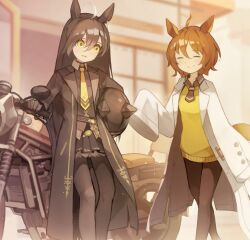  2girls agnes_tachyon_(tach-nology)_(umamusume) agnes_tachyon_(umamusume) ahoge animal_ears black_choker black_coat black_gloves black_hair black_necktie black_pantyhose black_shirt black_skirt blush brown_hair choker closed_eyes closed_mouth coat collared_shirt commentary_request gloves hair_between_eyes harufude helmet holding holding_unworn_helmet horse_ears horse_girl horse_tail jewelry lab_coat long_hair long_hair_between_eyes long_sleeves manhattan_cafe_(creeping_shadow)_(umamusume) manhattan_cafe_(umamusume) medium_hair motor_vehicle motorcycle multicolored_hair multiple_girls necktie pantyhose shirt short_necktie skirt sleeves_past_fingers sleeves_past_wrists smile sweater sweater_vest tail umamusume unworn_headwear unworn_helmet white_coat white_hair yellow_eyes yellow_necktie yellow_sweater yellow_sweater_vest 